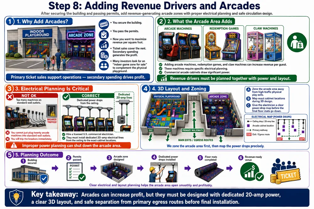 An infographic showing how arcade machines, redemption games, claw machines, dedicated 20-amp power lines, and safe layout zoning help increase revenue per square foot.