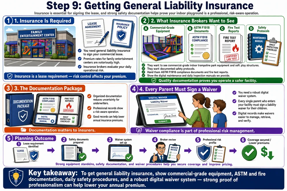 An infographic explaining how commercial-grade equipment, ASTM documentation, fire test reports, safety protocols, maintenance manuals, and digital waivers support liability insurance approval.