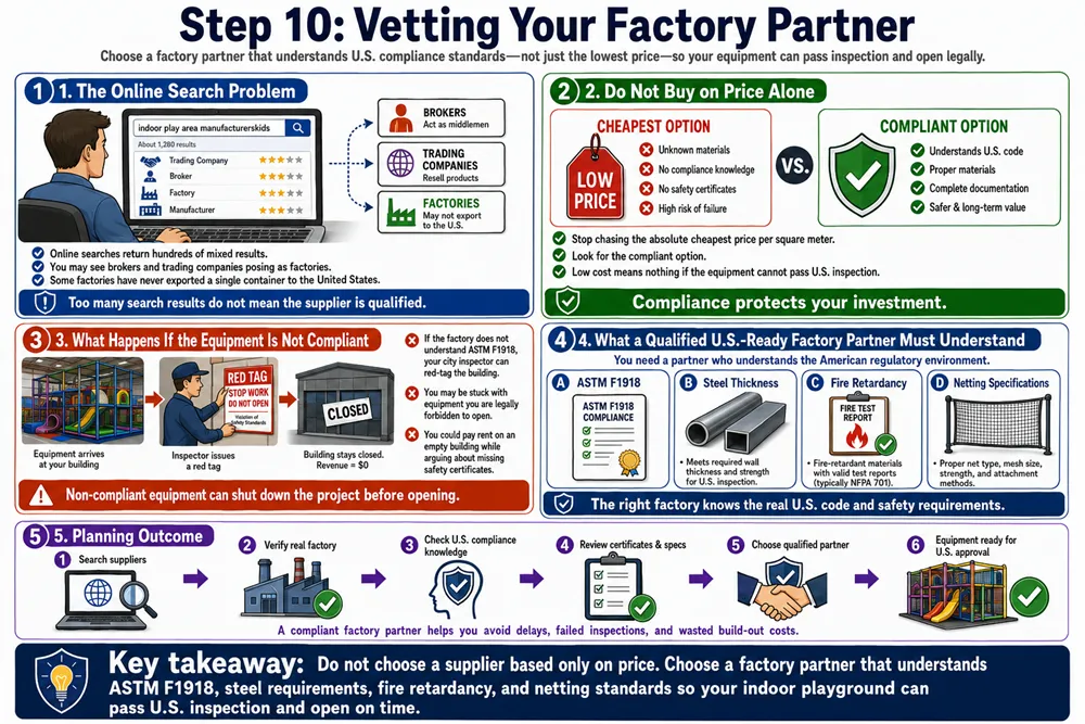 An infographic explaining why investors should choose a compliant factory partner that understands ASTM F1918, steel requirements, fire retardancy, and U.S. inspection standards instead of buying only on price.