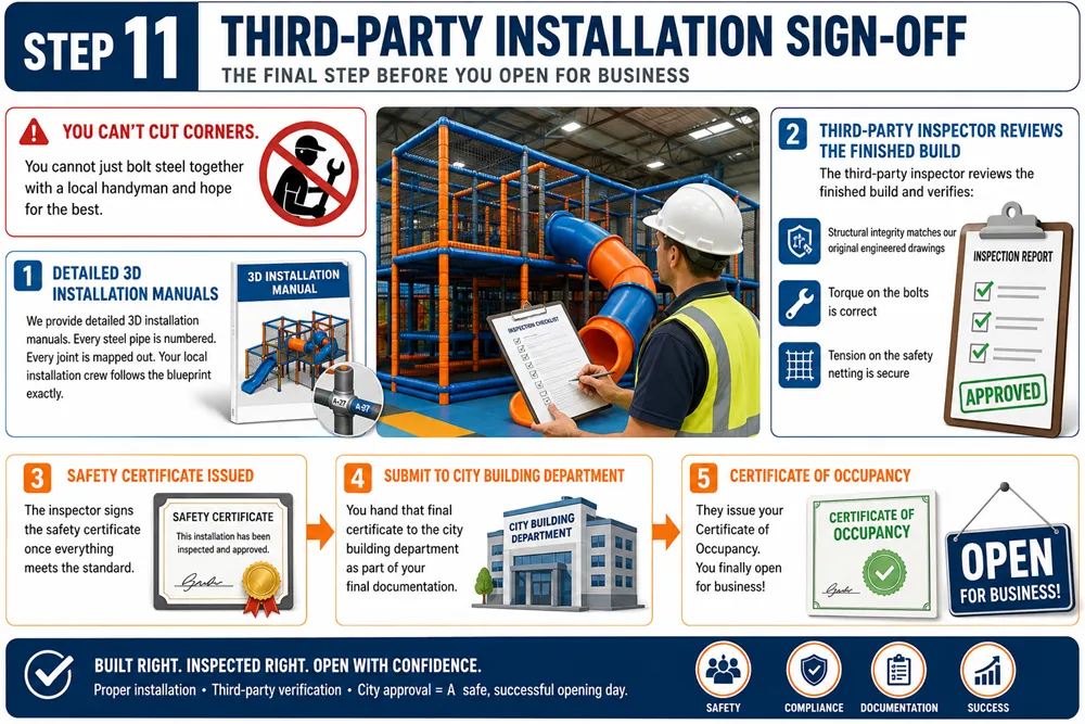 An infographic showing the final installation approval process, including 3D installation manuals, numbered steel pipes, third-party structural inspection, bolt torque checks, safety certificate sign-off, and Certificate of Occupancy approval.