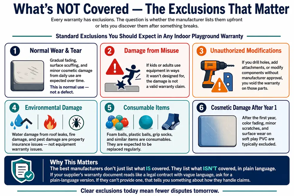 An infographic explaining common indoor playground warranty exclusions, including normal wear and tear, misuse, unauthorized modifications, environmental damage, consumables, and cosmetic damage after year one.