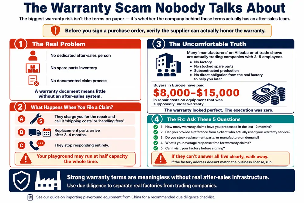 An infographic warning buyers that warranty terms are meaningless without real after-sales infrastructure, spare parts inventory, documented claim processes, and a reliable supplier behind the warranty.