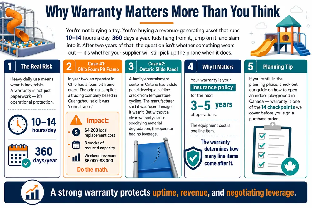 An infographic showing why warranty protection matters for indoor playground operators, using real-world examples, operating-hour risks, repair costs, and the importance of warranty-backed supplier support.