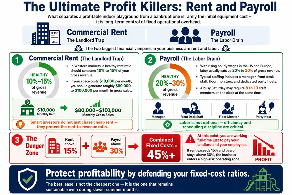 Commercial playground equipment manufacturers explain how high rent and payroll become the ultimate profit killers for indoor play businesses.