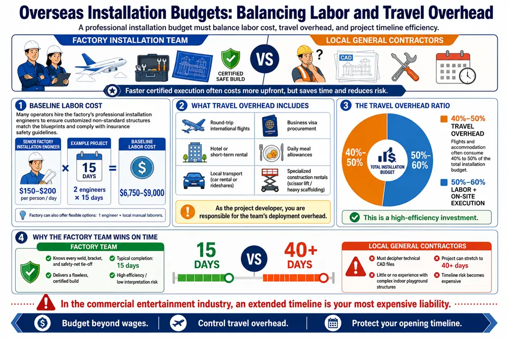 Overseas installation budget breakdown for commercial soft playground equipment, comparing factory teams versus local contractors.