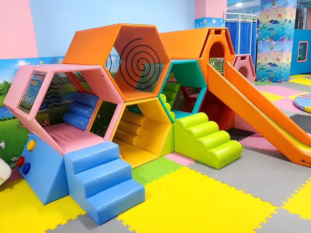 Certified honeycomb soft play climber from commercial playground equipment manufacturers, kid-friendly attraction boosting indoor playground gross revenue