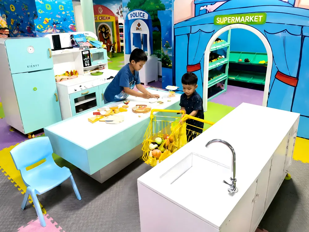 Kids pretend supermarket & kitchen role play soft playground equipment, extra retail attraction to increase indoor playground revenue and net profit margin