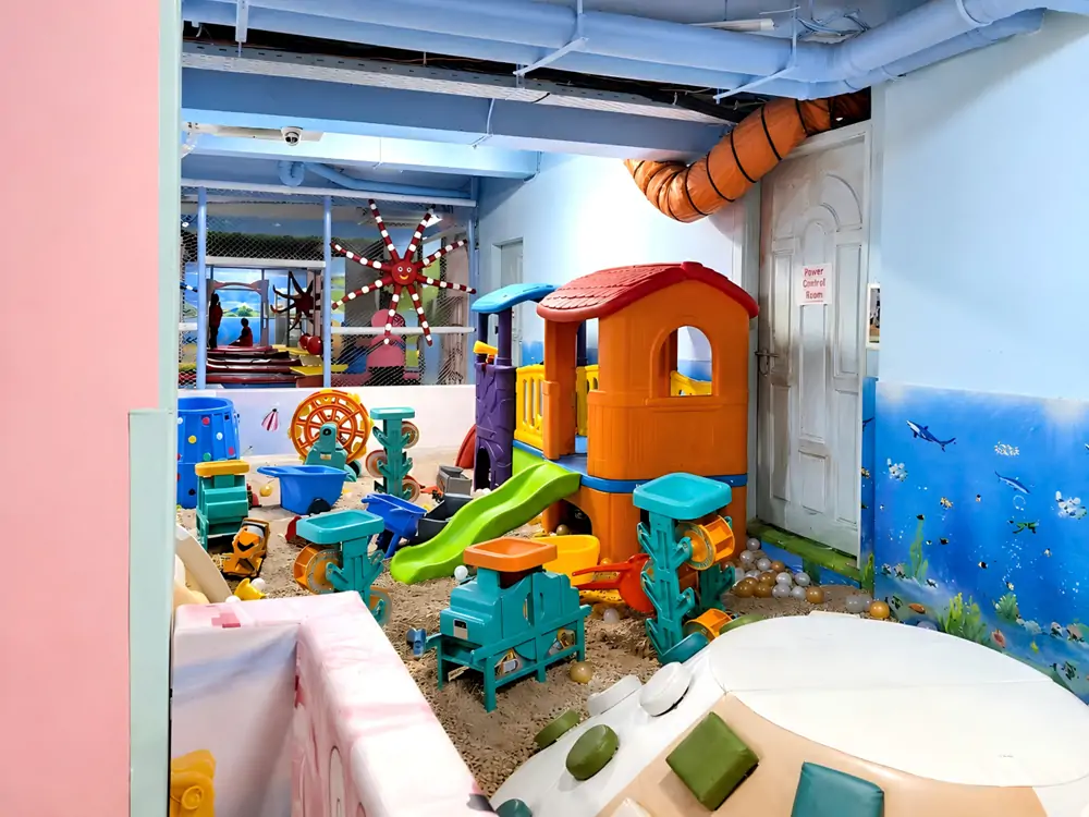 Kids sand pit with excavator toys soft playground facility, toddler play zone to boost foot traffic and typical income earned for an indoor playground