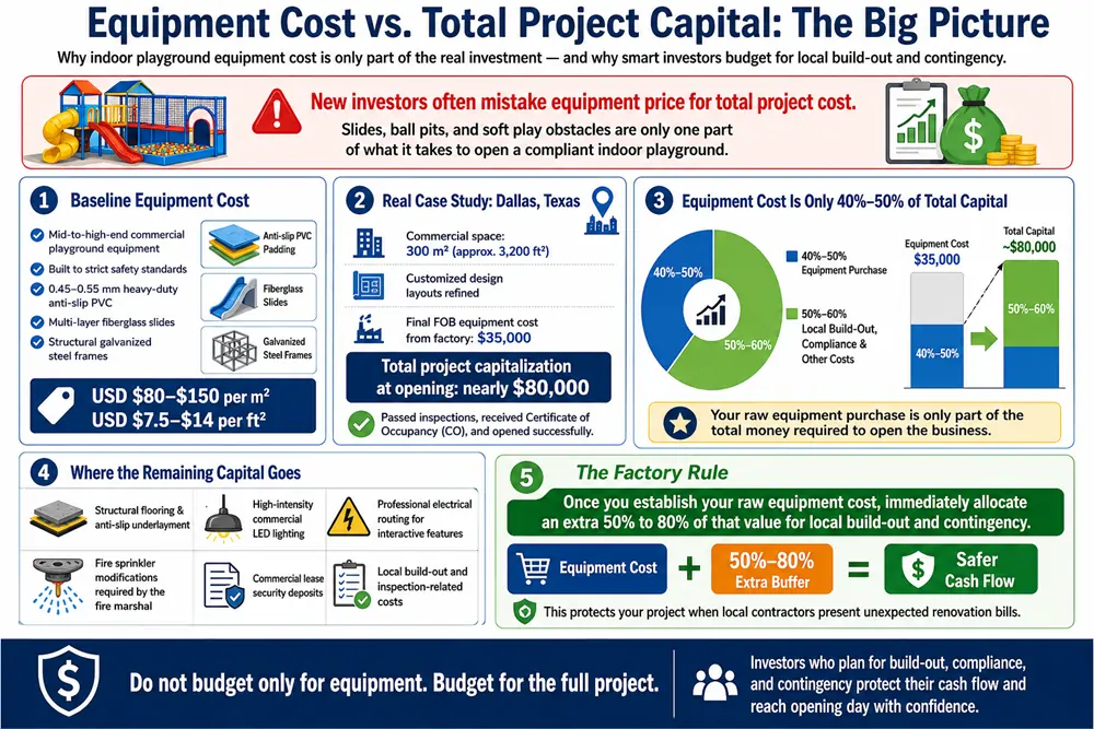 A breakdown of true indoor playground equipment cost versus total project capital by leading commercial playground equipment manufacturers.