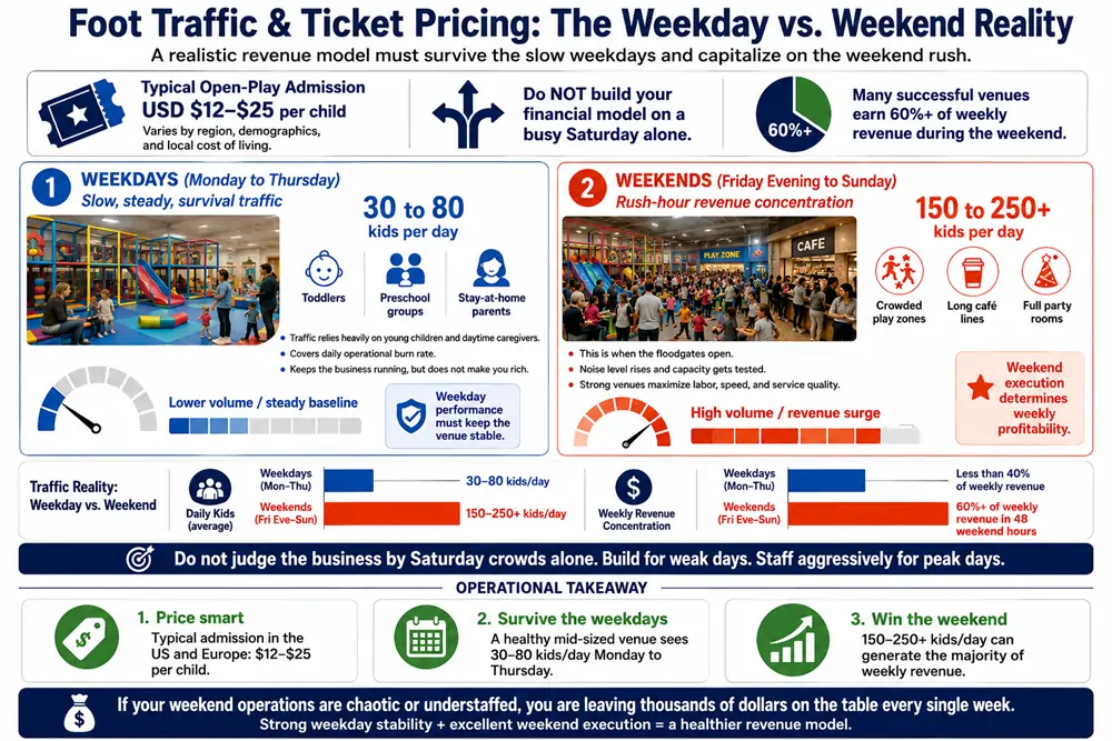 Foot traffic and ticket pricing reality check for investors looking for an indoor playground for sale, highlighting the weekend revenue surge.