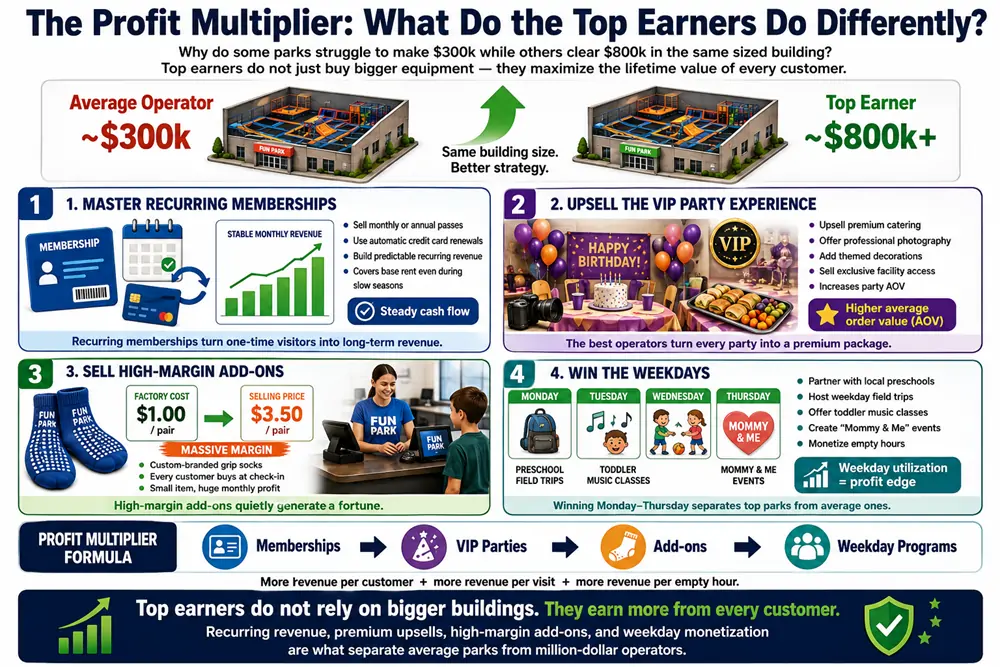 The profit multiplier strategy showing how top-earning indoor playgrounds maximize income through recurring memberships and VIP party packages.