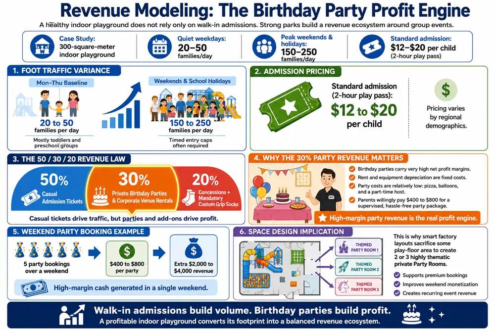 Revenue modeling showing how birthday party profits offset your initial indoor playground equipment cost.
