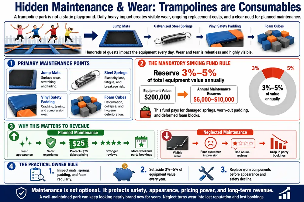 Factor in the hidden maintenance costs and wear of customized indoor trampoline park equipment to accurately calculate is a trampoline park profitable.