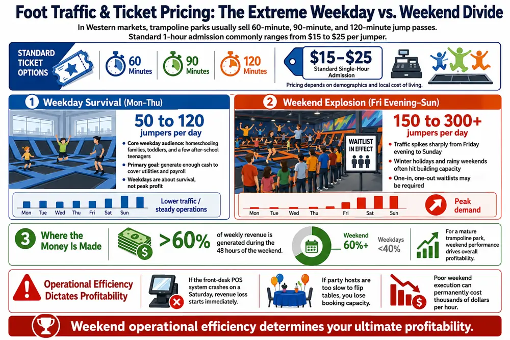 Foot traffic and ticket pricing analysis to determine is a trampoline park profitable, highlighting the weekend revenue surge and operational tips from top trampoline play equipment manufacturers.