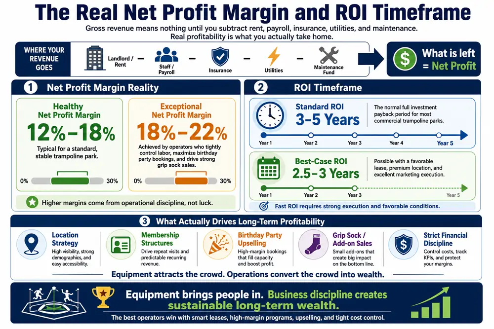 Discover the real net profit margin and ROI timeframe to definitively answer is a trampoline park profitable, with data backed by top trampoline play equipment manufacturers.