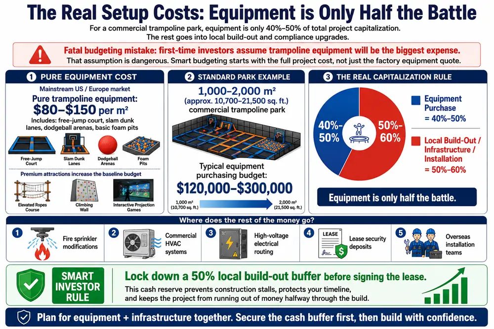 A detailed breakdown of real setup costs to answer is a trampoline park profitable, showing why buying from trampoline play equipment manufacturers is only half the total budget.