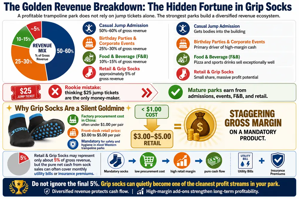 A golden revenue breakdown explaining is a trampoline park profitable, highlighting the high-margin fortune in grip socks and events for venues with customized indoor trampoline park equipment.