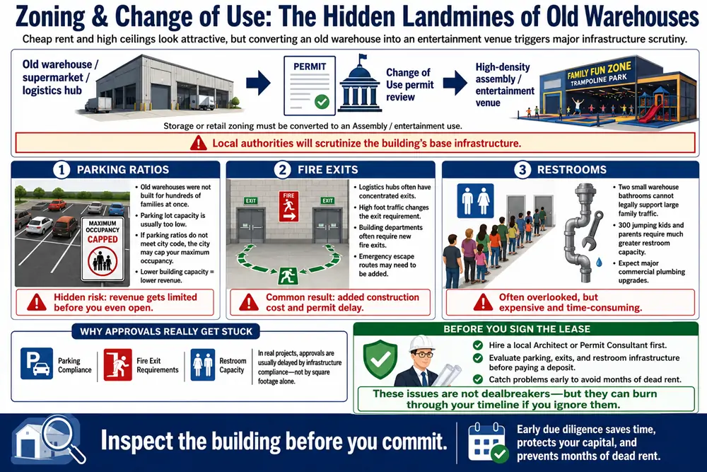 Essential requirements for trampoline park zoning and change of use permits, focusing on parking ratios and fire exits