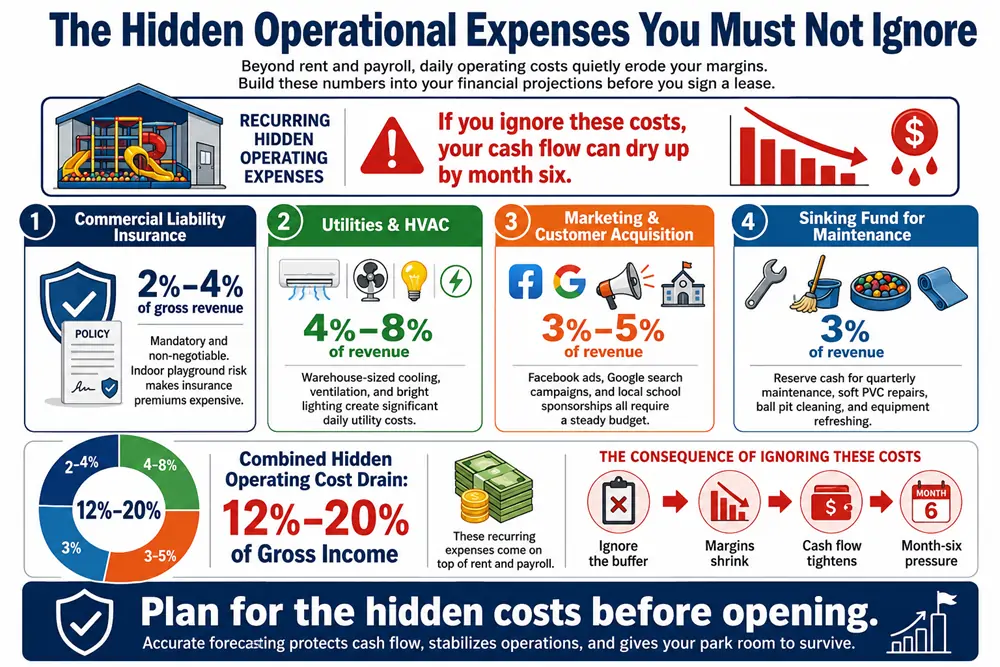 The hidden operational expenses of running soft playground equipment, including liability insurance, HVAC utilities, and marketing costs.