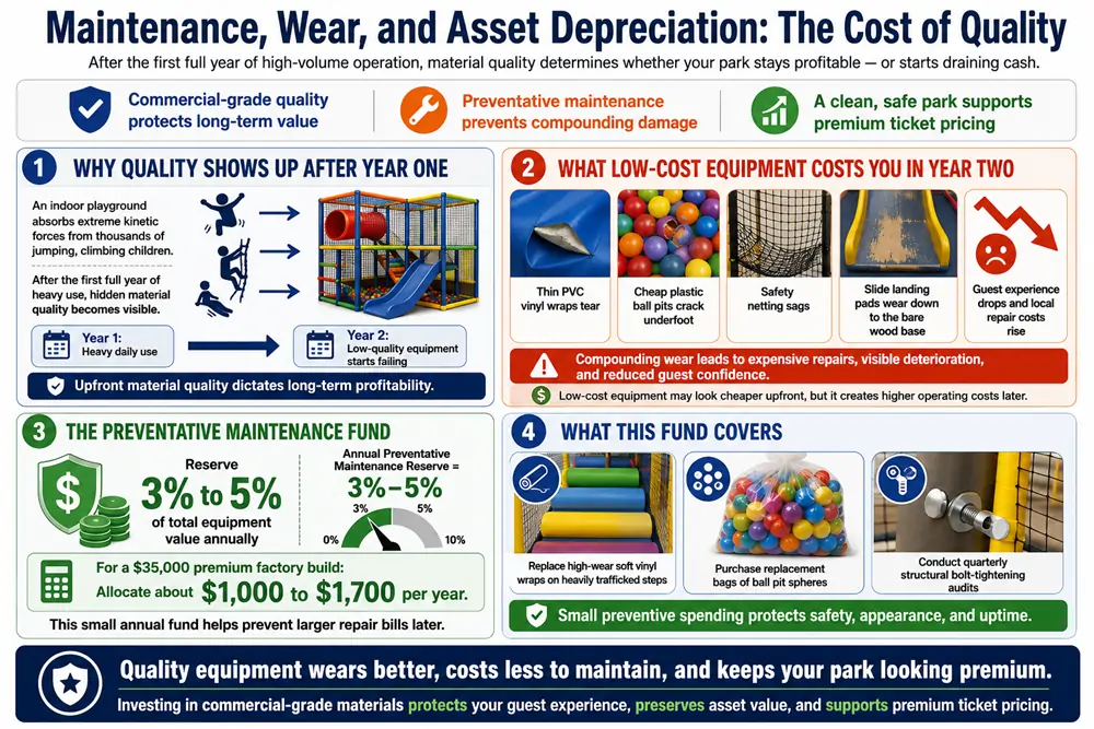 The cost of quality and preventative maintenance funds needed for long-term soft playground equipment operation.