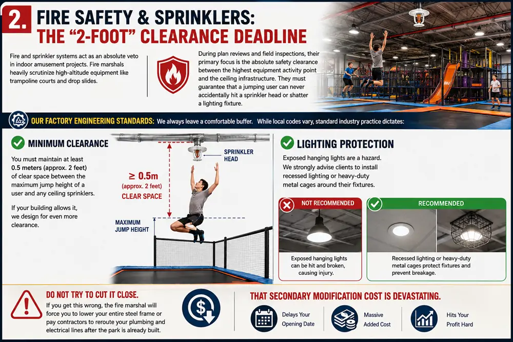 Strict fire marshal requirements for trampoline park sprinkler clearance and safe lighting protection