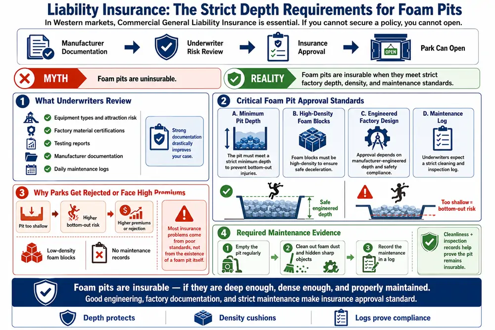 Strict depth and foam density requirements for trampoline park foam pits to secure commercial liability insurance
