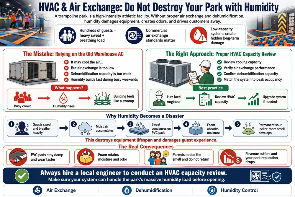 HVAC capacity and air exchange requirements for trampoline park venues to prevent high humidity and odors