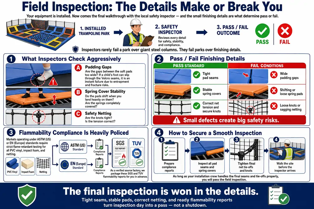 Crucial field inspection requirements for trampoline park safety, including padding gaps, spring covers, and flammability compliance