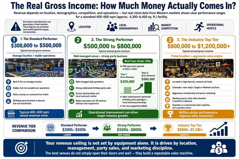 A detailed breakdown of what is the typical income earned for an indoor playground, showing gross revenue tiers from standard to top performers.