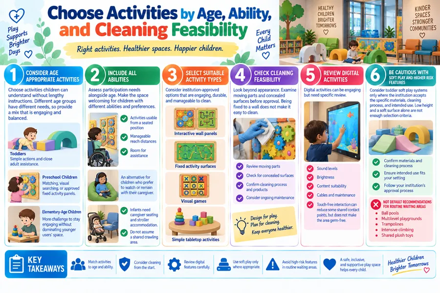 Pediatric waiting room activity selection guide by age, ability and cleaning feasibility, with digital activity review and high-risk feature recommendations.