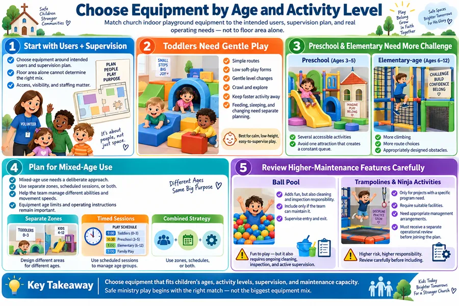 Choose church playground equipment by age, activity level, and supervision. Covers toddler play, preschool/elementary climbing, and high-maintenance feature planning.