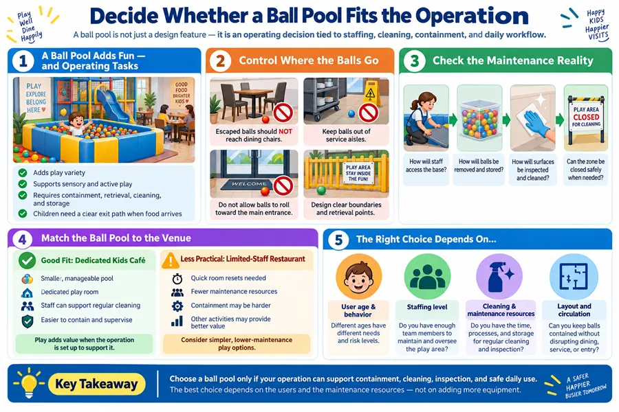 A ball pool is an operational decision rather than a design feature, as balls require containment, retrieval, cleaning and storage during maintenance. Escaped balls must be kept well away from dining chairs, service aisles and the main entrance. The choice depends on user profiles and maintenance capacity: a small pool works for a dedicated kids café, but is less practical for understaffed restaurants that need quick room turnovers.