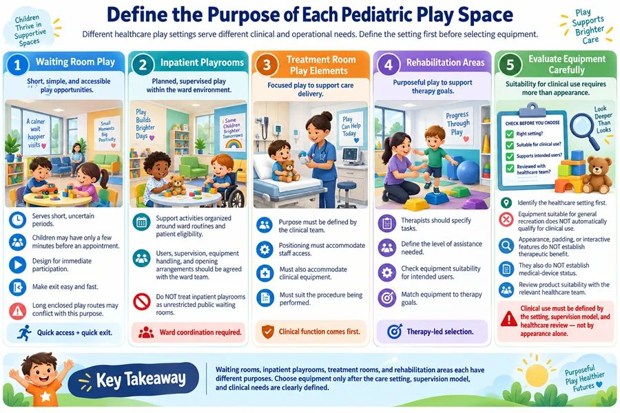 Pediatric play space purpose guide covering waiting rooms, inpatient playrooms, treatment rooms and rehabilitation areas, with clinical equipment selection standards.