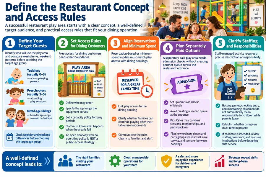 Free access for dining guests requires clear boundaries. Reservation or minimum-spend models must align play access with dining bookings. Paid play areas need admission checks that do not cause entrance congestion. Staff-managed activities require defined responsibilities to clarify whether caregivers must stay present while children play.