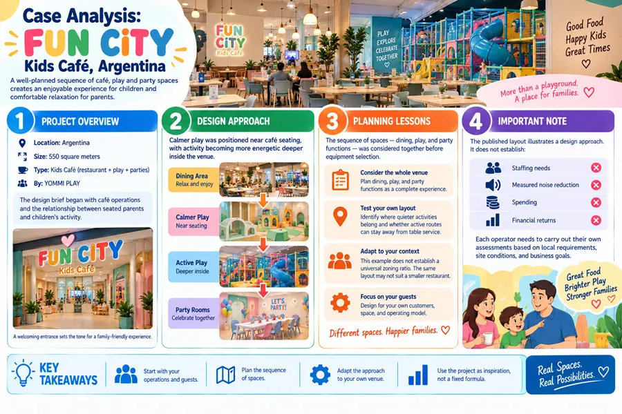 The FUN CITY Kids Café case demonstrates a design approach where dining, play and party zones are sequenced together before equipment selection. Calmer play sits near café seating, with more energetic activities deeper inside the venue. This published layout serves as inspiration, not a fixed formula — each operator must conduct its own assessment based on site conditions, staffing needs and business goals.