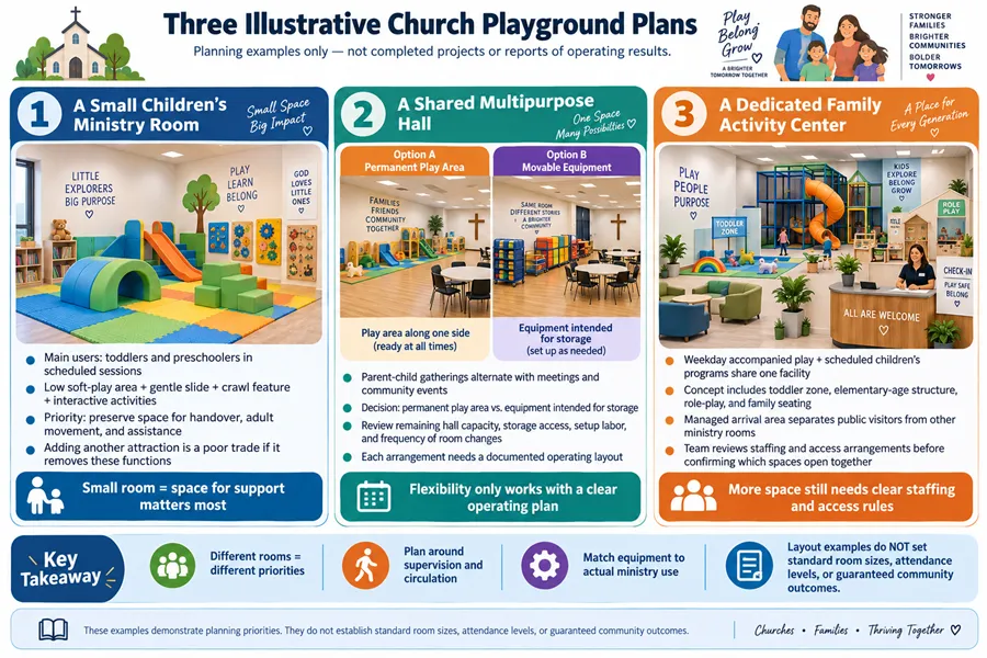 Three church playground plan examples: small children’s ministry room, shared multipurpose hall, and dedicated family activity center with tailored staffing and access rules.