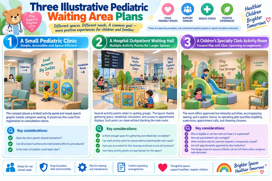 Three pediatric waiting area layout plans including small clinic, hospital outpatient hall and specialty clinic activity room design guidelines.