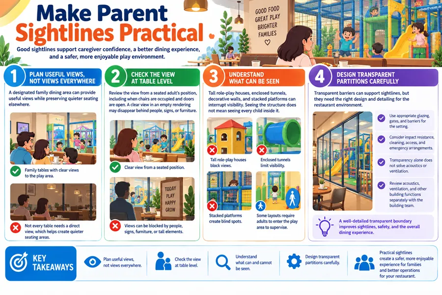 A designated family dining zone offers clear views of the play area while keeping other seating areas quiet. Caregivers should be able to see the play entrance from their seats, noting that tall play houses, enclosed tunnels and stacked platforms may block visibility. If transparent partitions are used, their glazing and gates must be designed for impact resistance, easy cleaning and safe access.