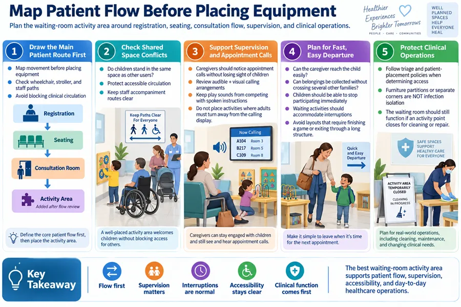 Pediatric waiting room patient flow mapping guide for play equipment placement, covering circulation routes, caregiver sightlines, fast exits and clinical operation protection.