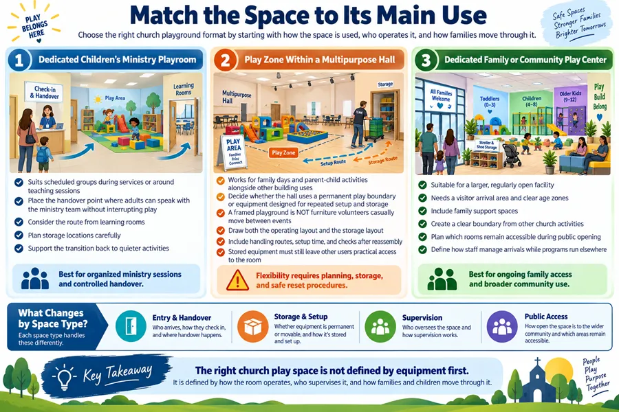 Infographic: Match church playground formats to main space use. Covers dedicated children’s ministry playroom, multipurpose hall play zone, and family community center with access planning.
