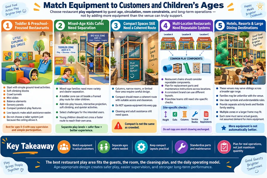 Restaurants focused on toddlers and preschoolers should start with simple ground-level activities like soft climbing blocks and mini slides for easier adult supervision. Mixed-age kids cafés need clearer zone separation to prevent younger children from crossing high-activity routes. Compact spaces still require a coherent circulation route with proper clearances, rather than cramming equipment into every gap.