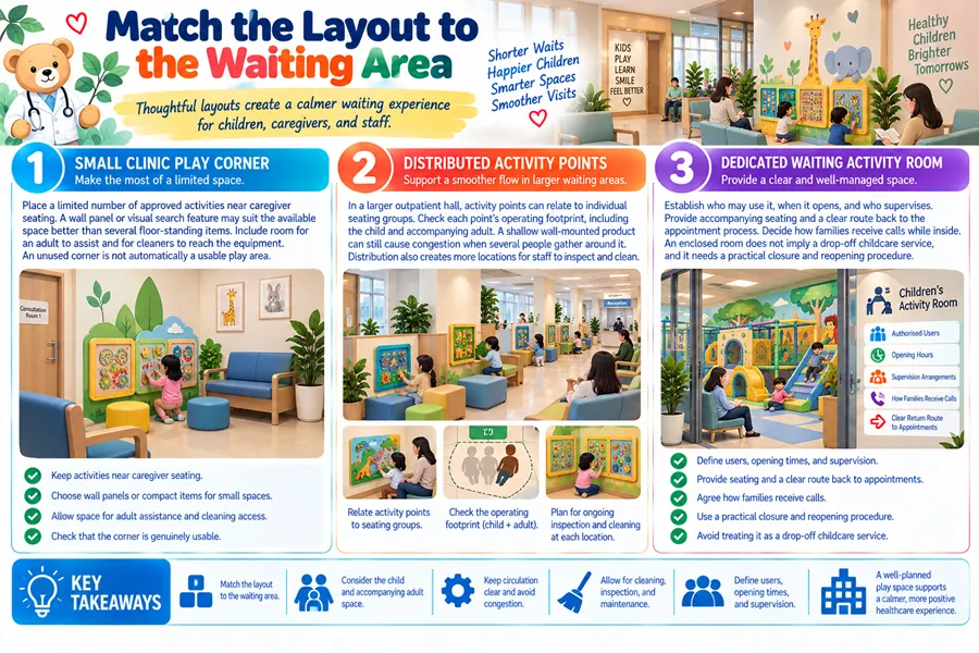 Pediatric waiting room play area layout guide covering small clinic corners, distributed activity points and dedicated activity room design standards.