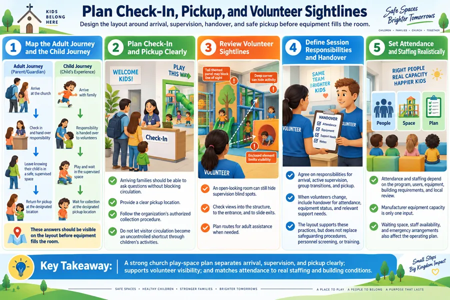 Plan church play space check-in, pickup, and volunteer sightlines. Layout design avoids blind spots; staffing matches real program needs, not equipment capacity.