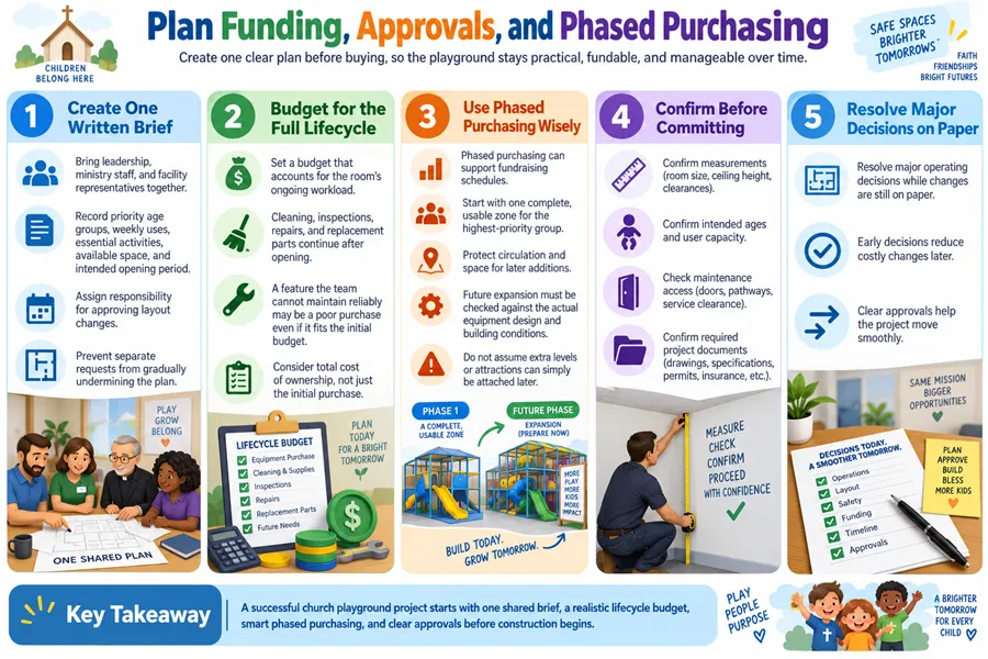 Church playground funding, approvals and phased purchasing. Unified written brief, lifecycle budgeting, and pre-construction decisions to prevent costly changes.