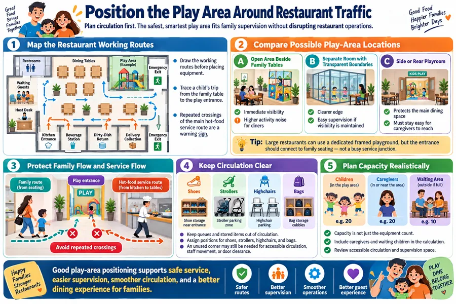 Planners must map out the restaurant’s service routes before placing equipment to avoid repeated crossings with the main hot-food delivery path. Play areas can be positioned as open zones beside family tables for easy supervision, or as side/rear playrooms to shield the main dining space. Queues and stored items such as shoes, strollers and highchairs must be kept clear of traffic lanes to protect both family and service flows.