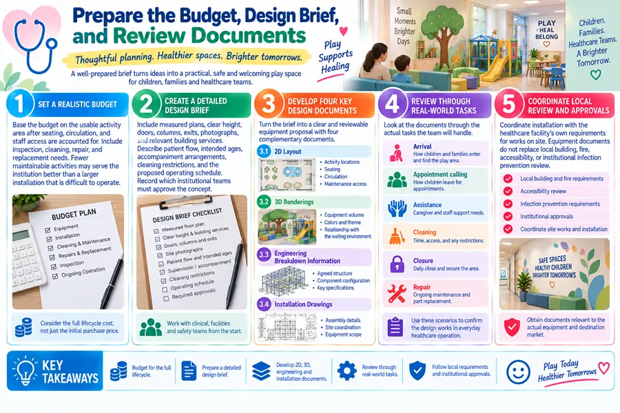 Pediatric play space budget design brief and document review planning guide covering lifecycle costs, deliverables and regulatory approval requirements.