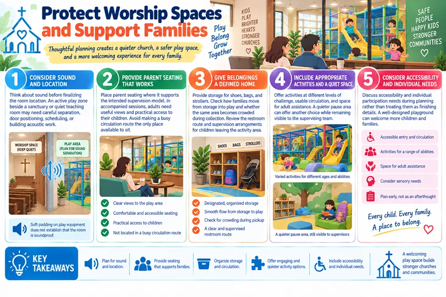 Church play area design protects worship space acoustics and supports families. Features parent seating, organized storage, accessible activities, and quiet sensory zones.