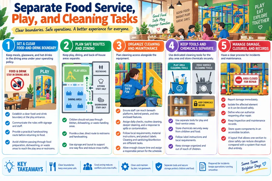 Restaurants must set a clear food-and-drink boundary at play entrances and prevent children from reaching play zones through kitchen or waste-handling areas. Cleaning access should be planned alongside equipment for easy under-platform cleaning, and play-area cleaning tools must be kept separate from food-service tools. Damaged equipment requires a clear reporting process and a layout that allows safe section-by-section closure without shutting down the entire system.