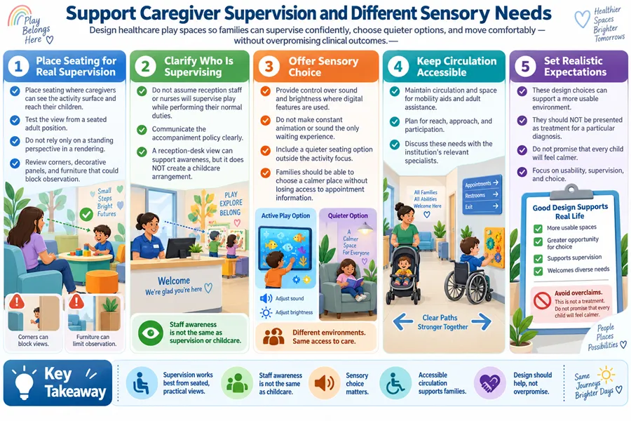 Healthcare play space design guide for caregiver supervision, sensory choice, mobility accessibility and realistic clinical expectations.