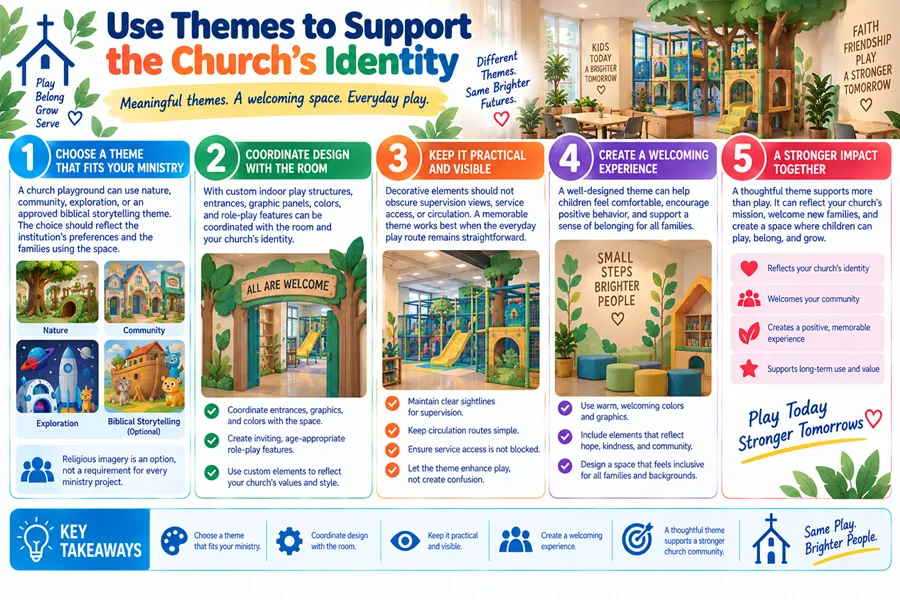Church playground themes support church identity and values. Coordinated decorative design preserves supervision sightlines, clear access, and circulation for welcoming, positive play environments.